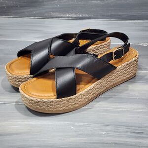 Bella Vita Mar Italy Sandals 9.5 M Black Leather Cross Strap Platform Espadrille